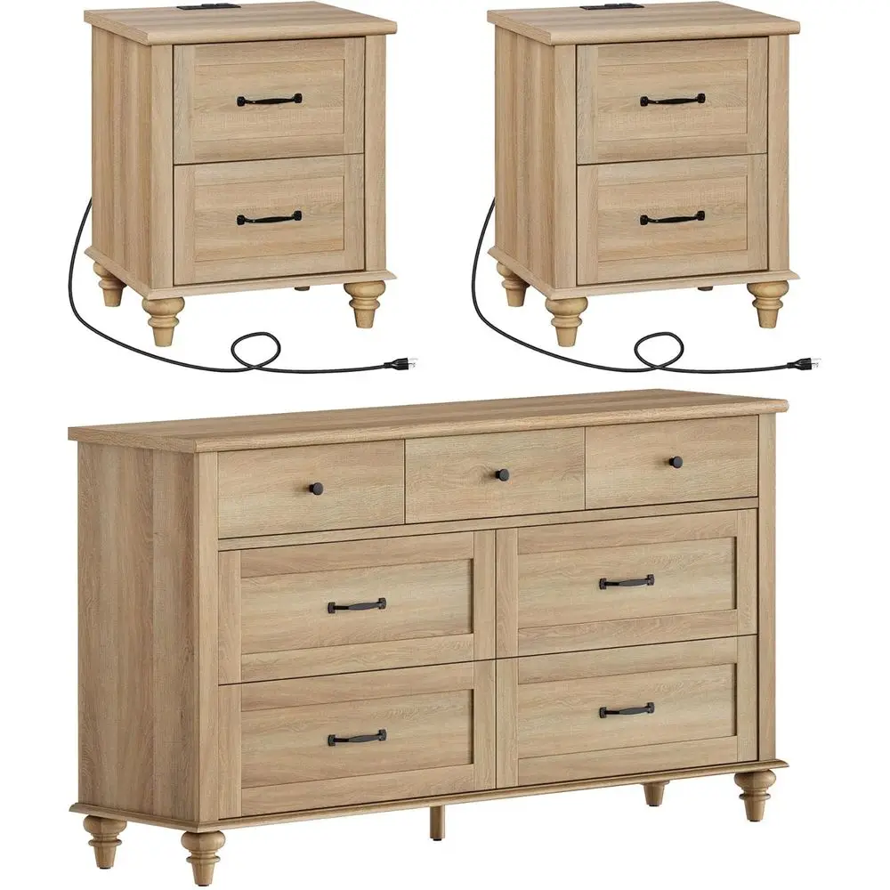 Oak 3-Piece Bedroom Furniture Set: Bed, 2 Nightstands with Charging Stations