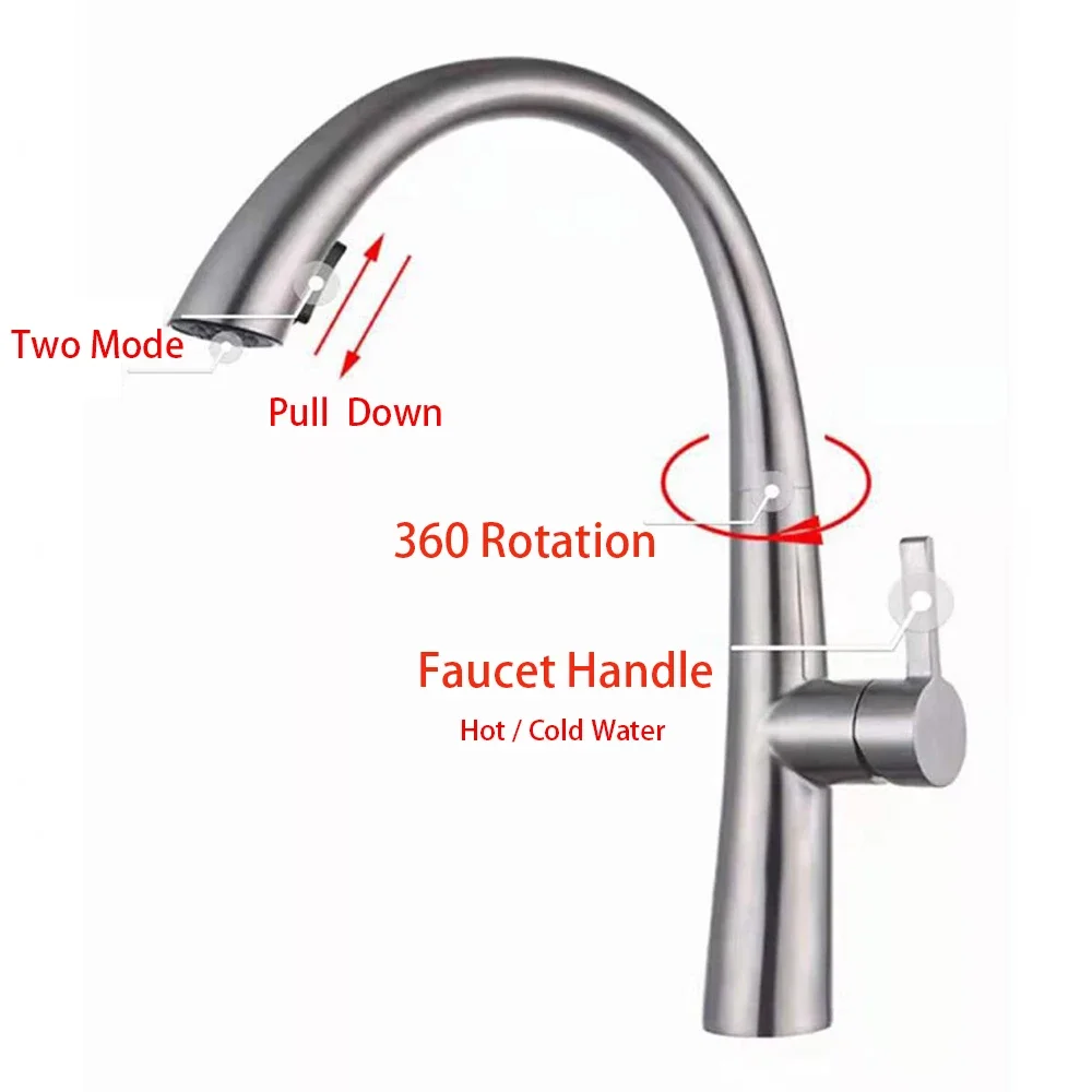 Kitchen Sink Faucet 304 Stainless Steel Body Material 360 Rotation Mixer Water Cold & Hot Pulling out Hoses Two Mode Water Out