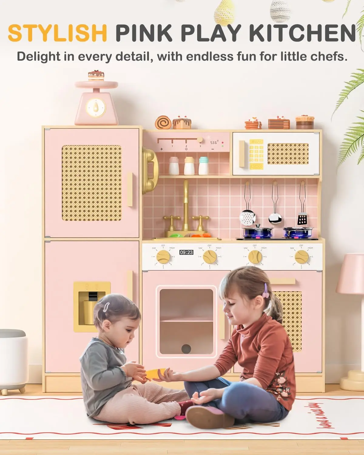 Playset de cozinha de madeira para crianças, Finja brincar cozinha com luzes e sons, Brinquedo estilo retro para crianças, rosa, 3 +, W