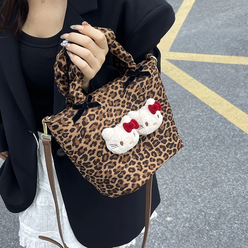 

Sanrio Hellokitty Leopard Shoulder Bag Fashion College Student Schoolbag Casual All-Match Satchel Commuter Tote Handbag Backpack