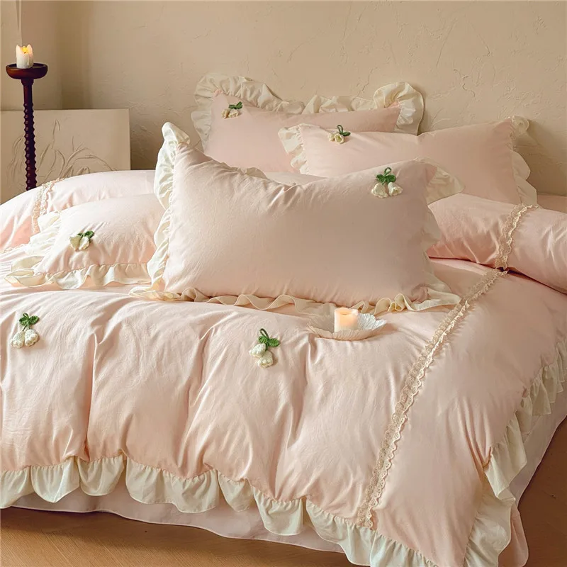 3/4Pcs Korean Princess Style Ruffles Washed Cotton Bedding Set Single Queen King Size Duvet Cover Set Bed Sheet Pillowcases