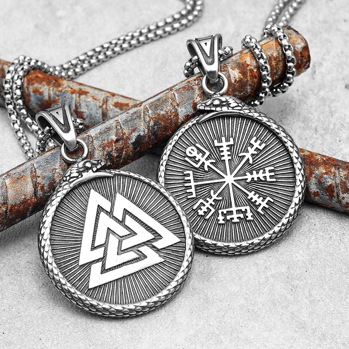 Vintage Norse Viking Necklace Men Stainless Steel Ouroboros Snake Vegvisir Valknut Pendant Chain Punk Rap for Male Jewelry Gift