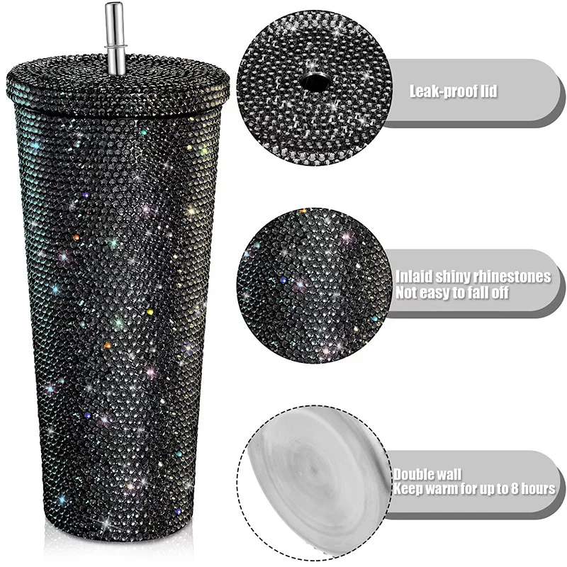 750ml 500ml Sparkling Diamond Vacuum Thermos Double Wall Stainless Steel Tumbler Straw Cup Insulated Water Bottle Coffee Mug