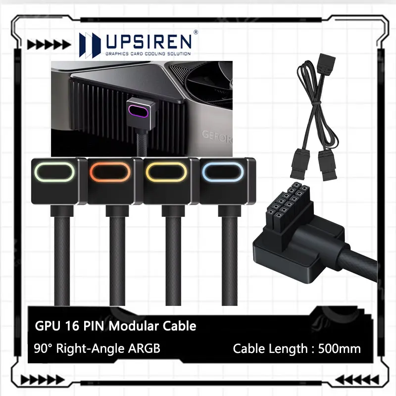 

Модульный кабель UPSIREN GPU 16PIN, ARGB 12VHPWR с 3-контактным разъемом 5 В, 18AWG 90 ° Прямоугольный дизайн от мужчины к мужчине, 5090/3070 не застосовуется