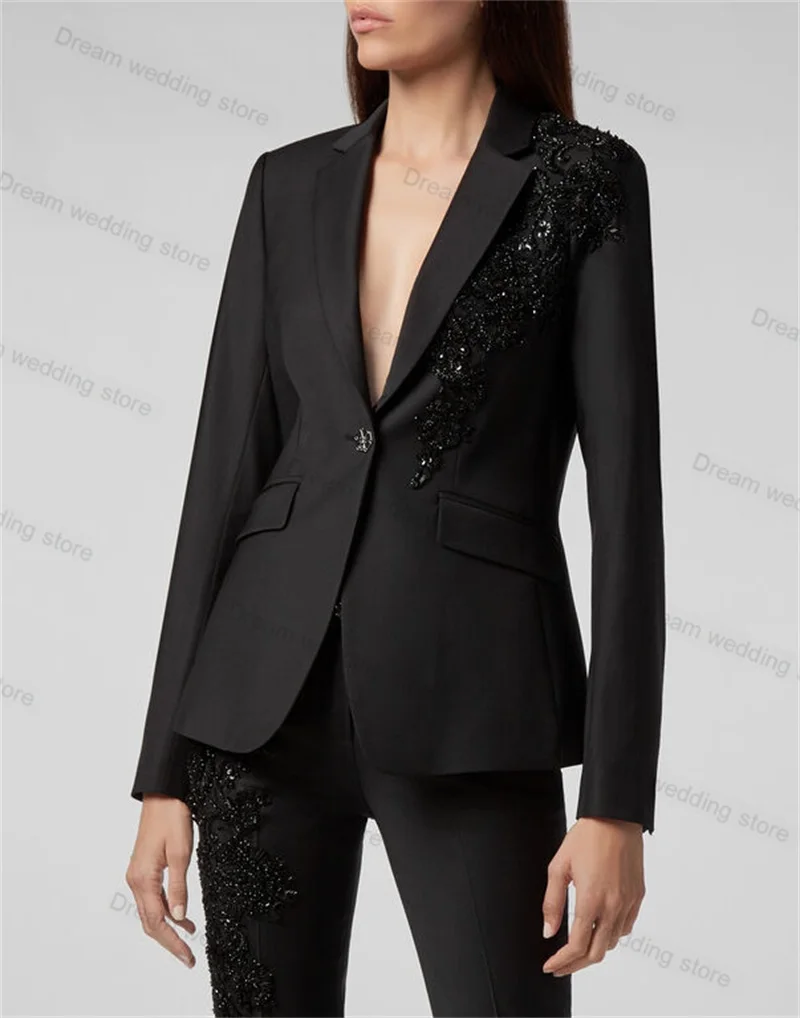 Beads Black Women Suits Pants Set Blazer 2 Piece Jacket+Trousers Formal Office Lady Prom Dress Wedding Tuxedos Tailored Coat