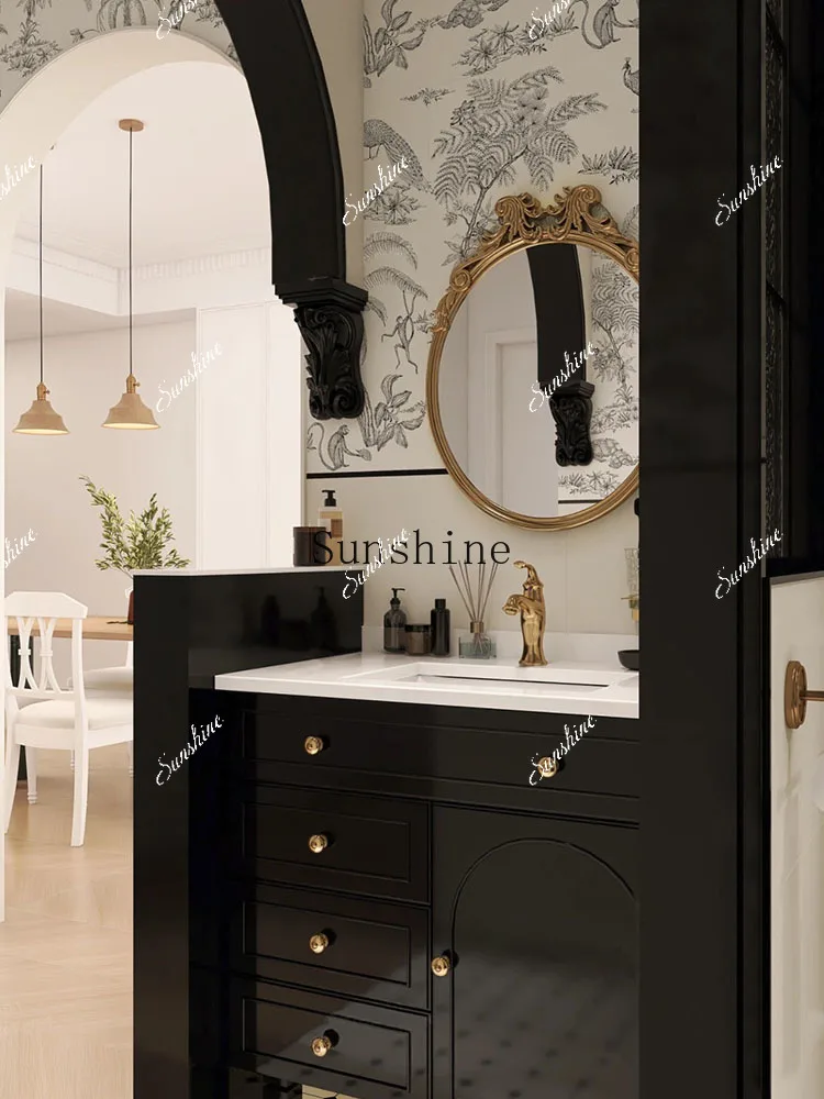 Retro wall hanging soft decoration background wall art decoration light luxury carved bathroom mirror  FT