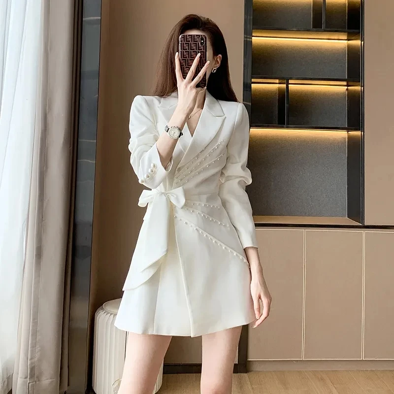 Spring Autumn New Long-Sleeved Beaded Bow Suit Dress Women\'s White Ladies Mid-Length