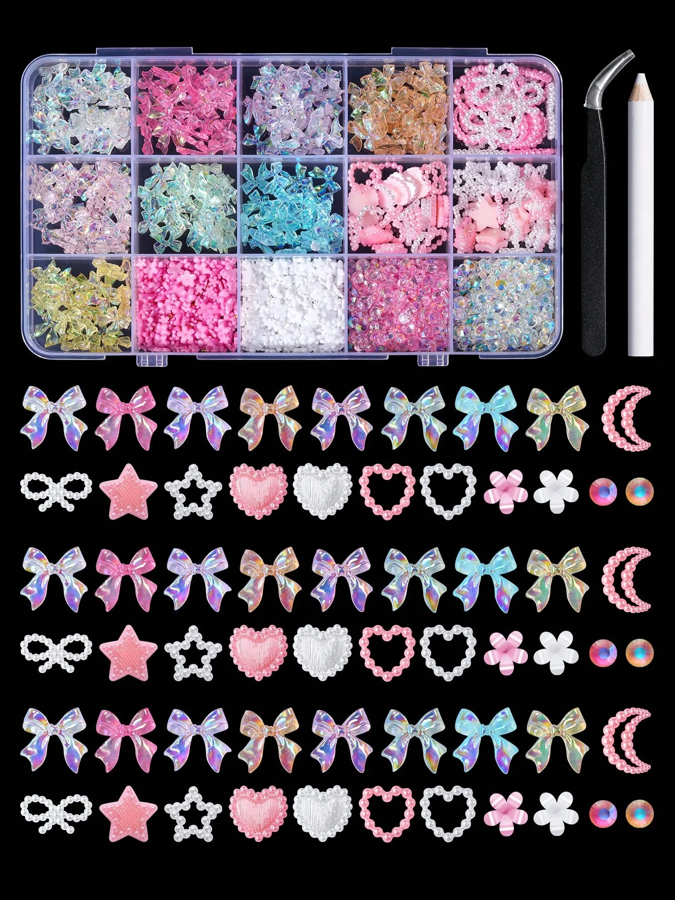 About 1000pcs 3D Multi-Color Flower+Bow+Heart+Star+Diamond Shaped Boxed Rhinestone Nail Decoration, Including Nail Clippers and
