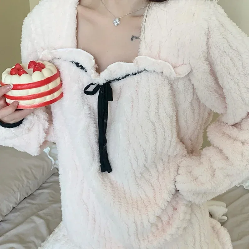 Pijamas de felpa para mujer, ropa de dormir de invierno, cálida, holgada, informal, Ulzzang, con paneles, para el hogar, suave, además de terciopelo más grueso, Пижама Ж Jaya Lounge