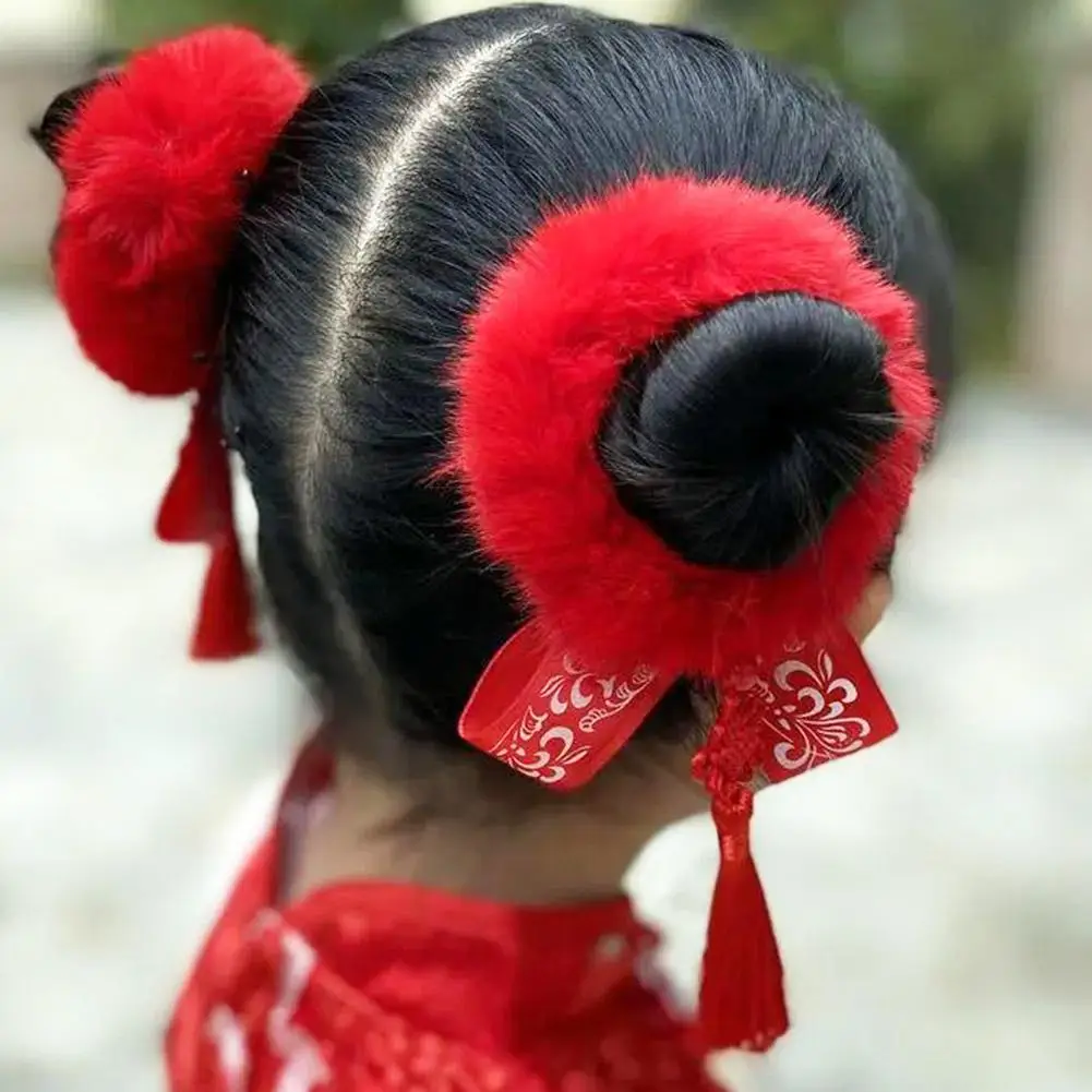 New Tassel Big Red Chinese-style Hair Accessories Cute Children’s Day And New Year Performances Imitation Rabbit Hair Loops