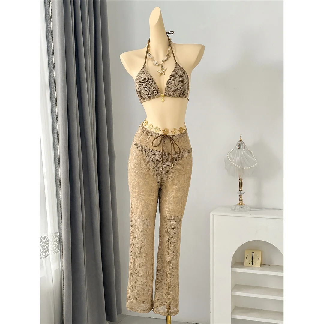 Mit Hosen, Blättern und Halterneck-Bikini, Damen-Badeanzug, dreiteiliges Bikini-Set, Badebekleidung, Badeanzug, Schwimmanzug V8164 – Detail 2