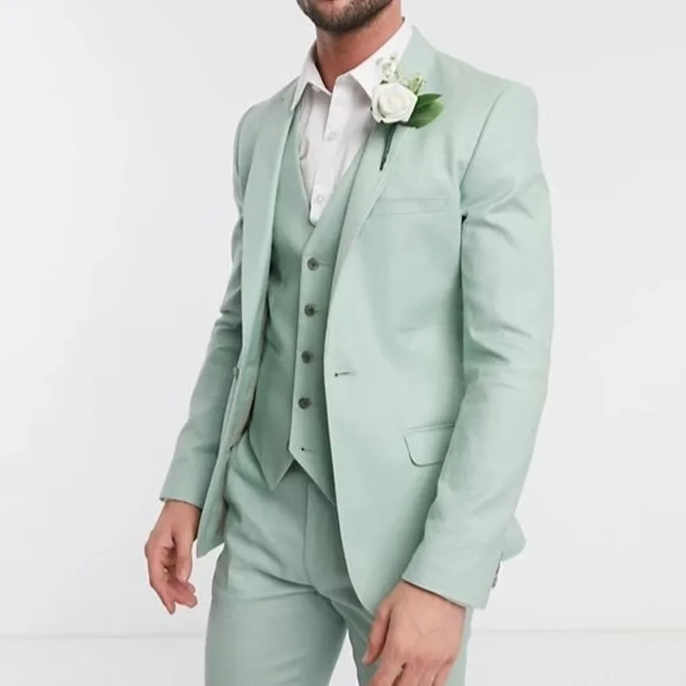 Trajes de hombre con solapa de muesca verde menta, esmoquin de boda, chaqueta elegante a medida, diseño de moda, chaqueta de 3 piezas, pantalones y