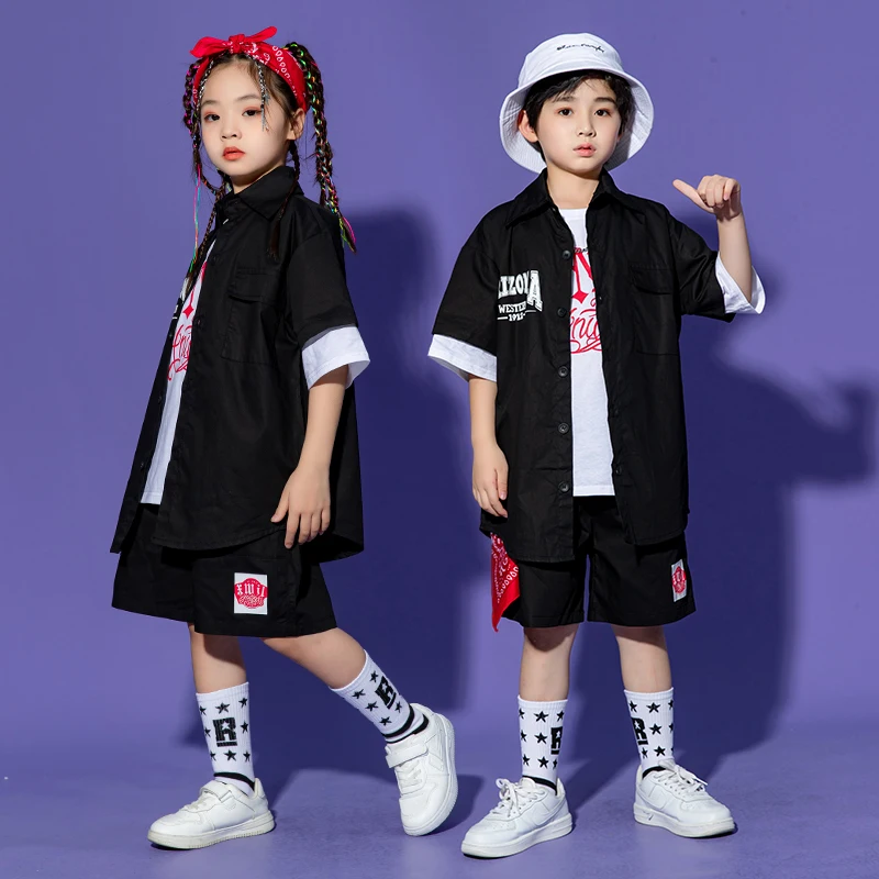 2023 novos trajes de dança jazz para crianças preto solto kpop outfits meninas meninos dança rua wear hip hop dança rave roupas dqs11969