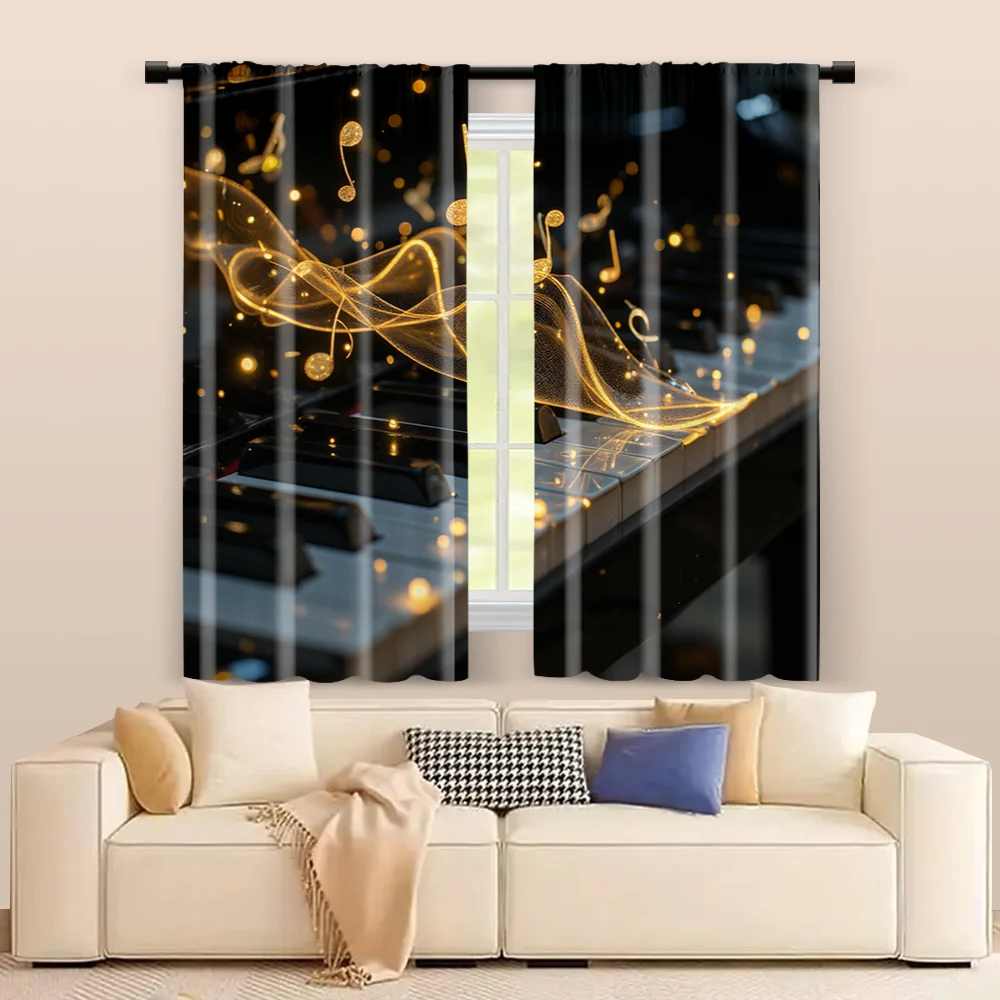 2 pcs, filtering curtains (excluding rods, non-movable, without batteries) Golden Piano & Musical Notes for use in bedrooms and