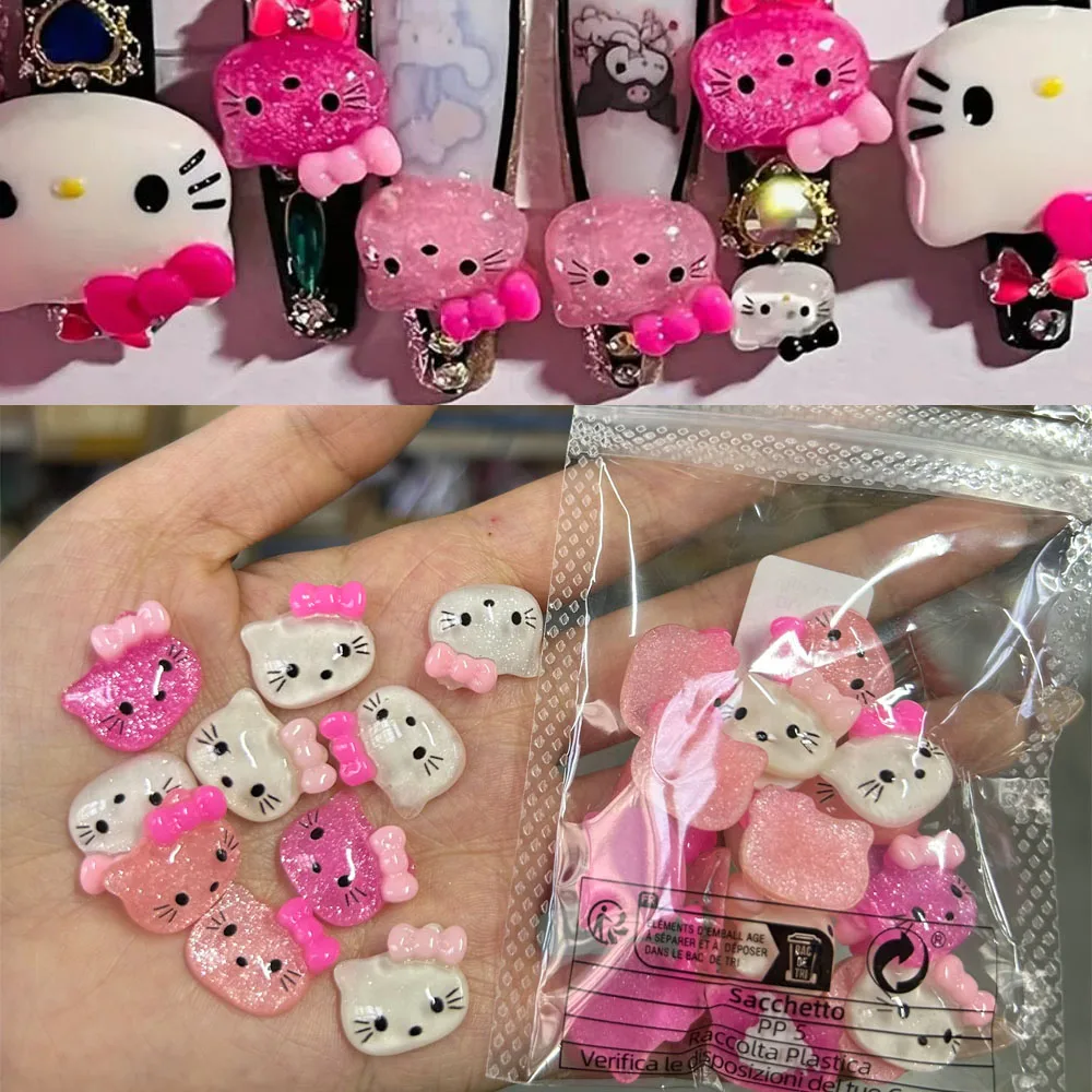 30pcs 3 Colors Hello Kitty Head Nail Decortions Y2K Japanese Translucent Shiny Kitty Nail Art Charms Kawaii Cat Manicue Parts KT