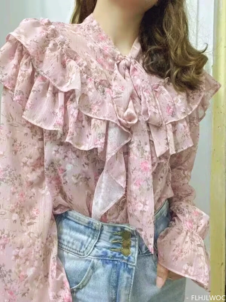 2024 Spring New Ruffles Tops Romantic Office Girls Flower Print Retro Cute Sweet Japan Style Flare Sleeve Pink Basic Shirts