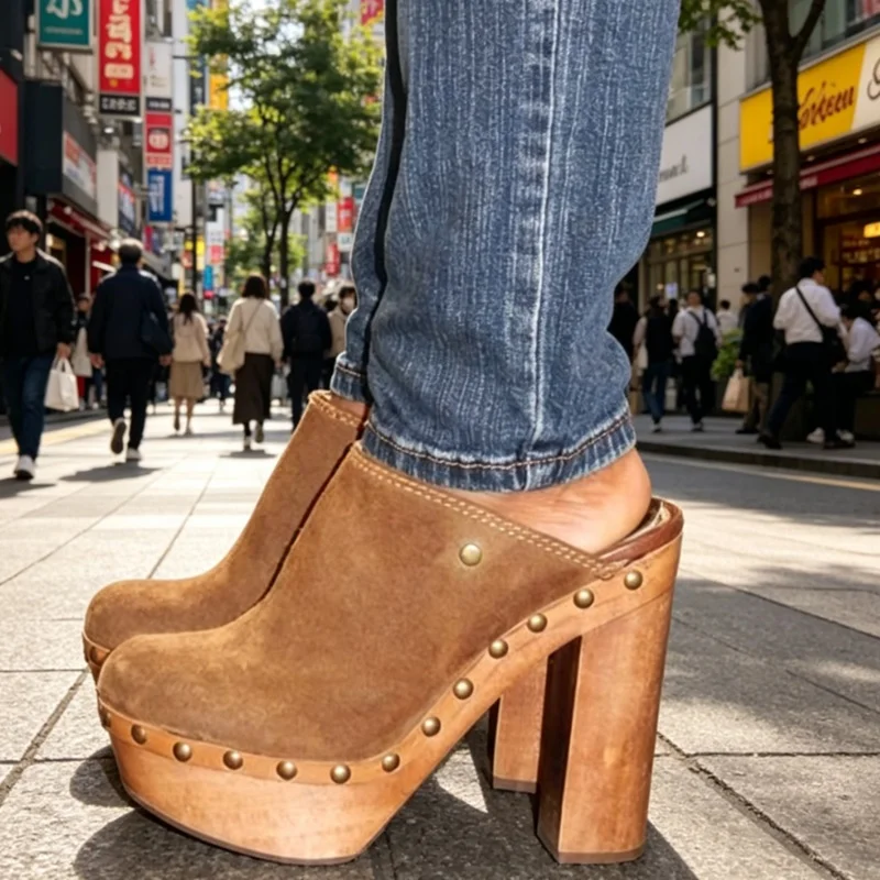 Retro Wildleder-Plateau-Mules mit klobigem Holzabsatz, 3D-gedruckt, zum Hineinschlüpfen, mit Nieten besetzt, dicke Plateausohle, Freizeitschuhe für Streetwear