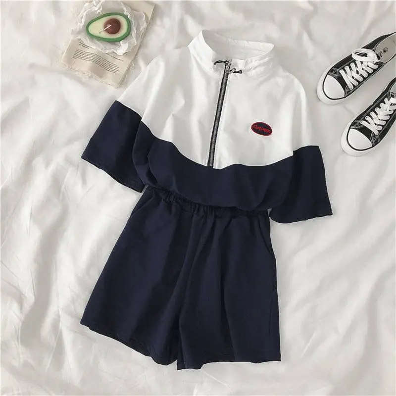 Summer Baby Girls Clothes Set Children Patchwork Zip Tshirts and Shorts 2 Pieces Suit Kid Short Sleeve Top Bottom Tracksuit