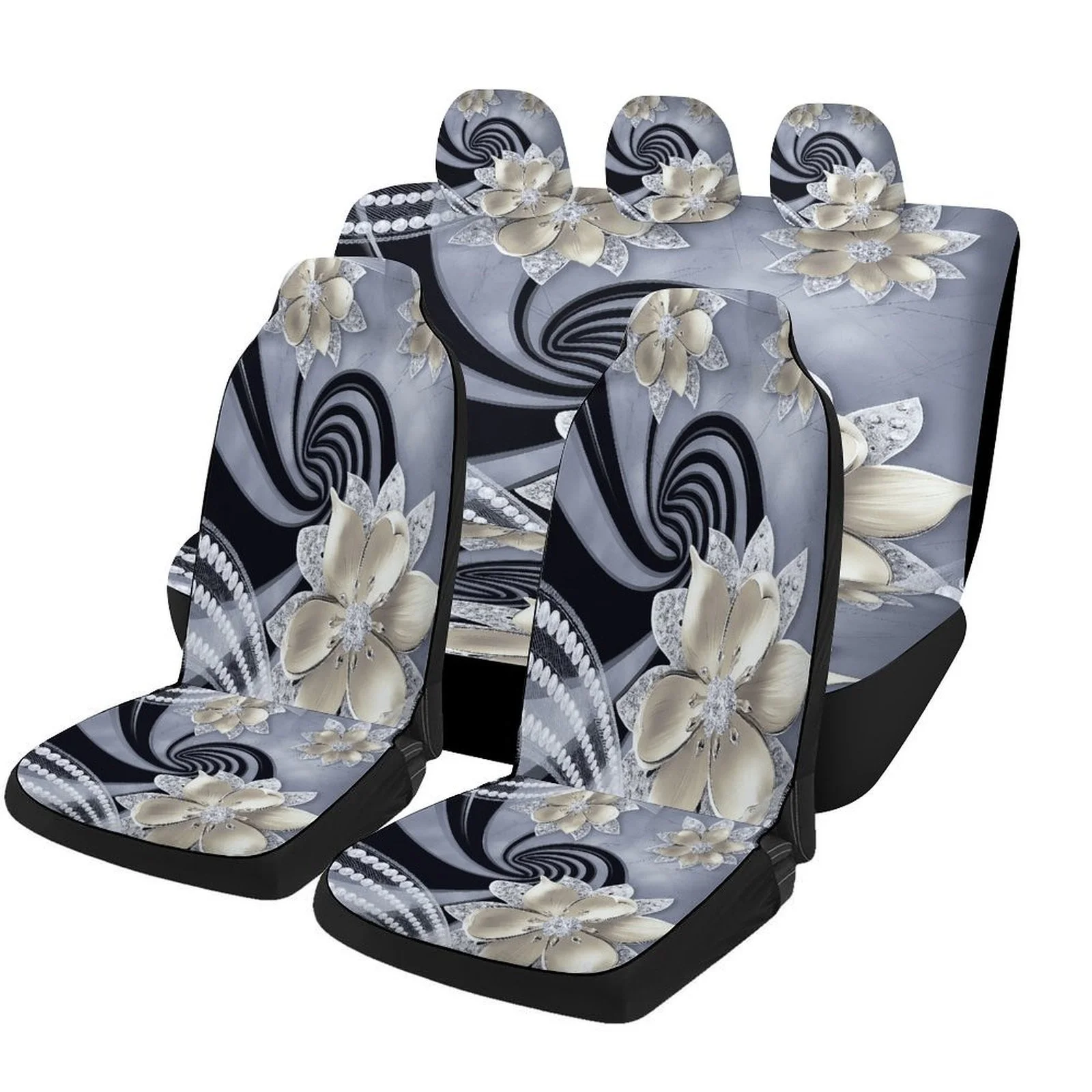 

Elegant Floral Design Car Seat Cover Set - High-Quality, Machine Washable, Universal Fit For 2 Front & Rear Seats, Stylish Black