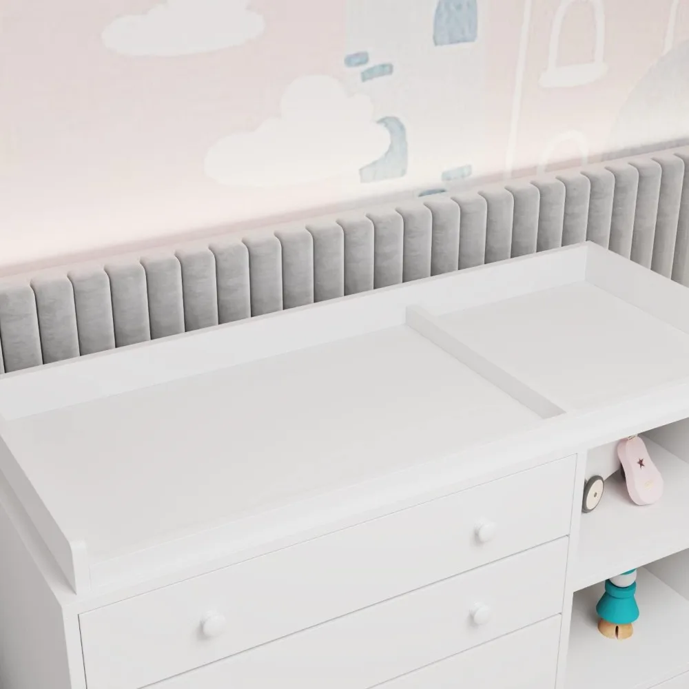 Cassettiera per la cameretta dei bambini, cassettiera bianca per la cameretta con 5 cassetti e ripiani portaoggetti, cassettiera in legno per la cameretta dei bambini
