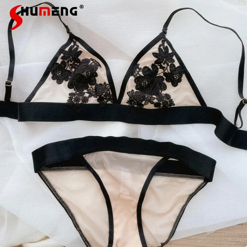 

American Style Underwear Bra Set Women Sexy Lace Embroidery Mesh Soft Cup Brief Suits Ladies Triangle Cup Spring Summer Outfits