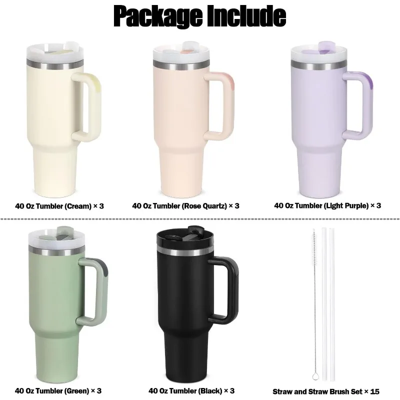 15 Pack 40 Oz Tumbler With Handle And Straw Bulk, 40 Oz Tumbler Stainless Steel Vacuum Insulation Keep Hot And Cold, 40 Oz