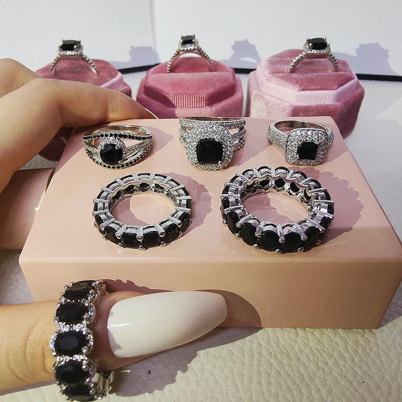 2023 New Luxury Fashion Real silver color bride Black Engagement Wedding Ring Set Band Eternity for Women Men Gift Jewelry Z12