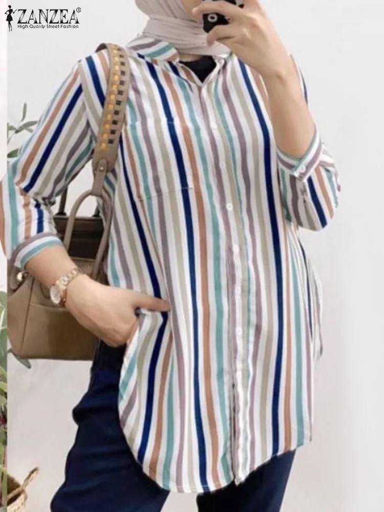 

ZANZEA Women Muslim Fashion Tops Summer Striped Blouse Lapel Neck 3/4 Sleeve Casual Shirt Holiday Work Blusas Female Chemise