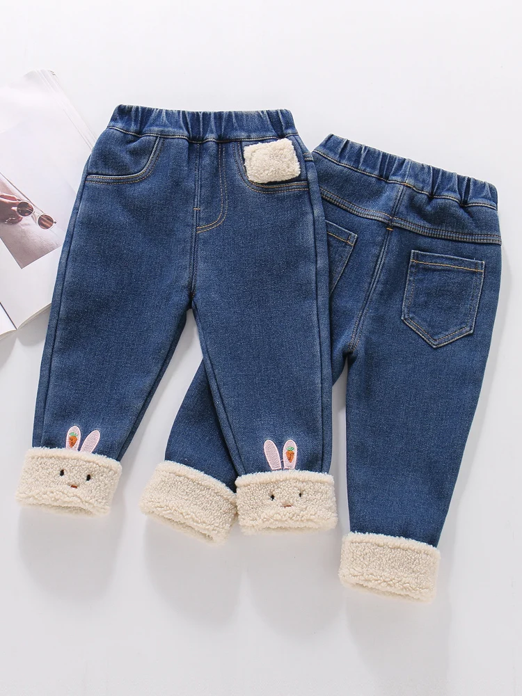 

Зимние утепленные эластичные джинсовые брюки для девочек, повседневные, в корейском стиле, длинные, модные женские джинсы