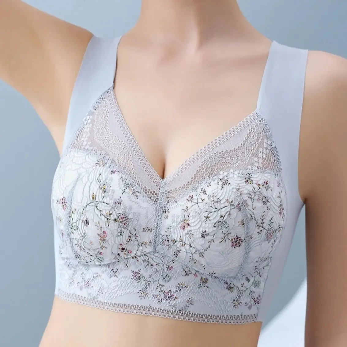 Sexy Floral Thin Lace Back Lingerie Push Up Bra Fixed Cup Large Chest Showing Small Size Seamless Vest Breathable Underwear