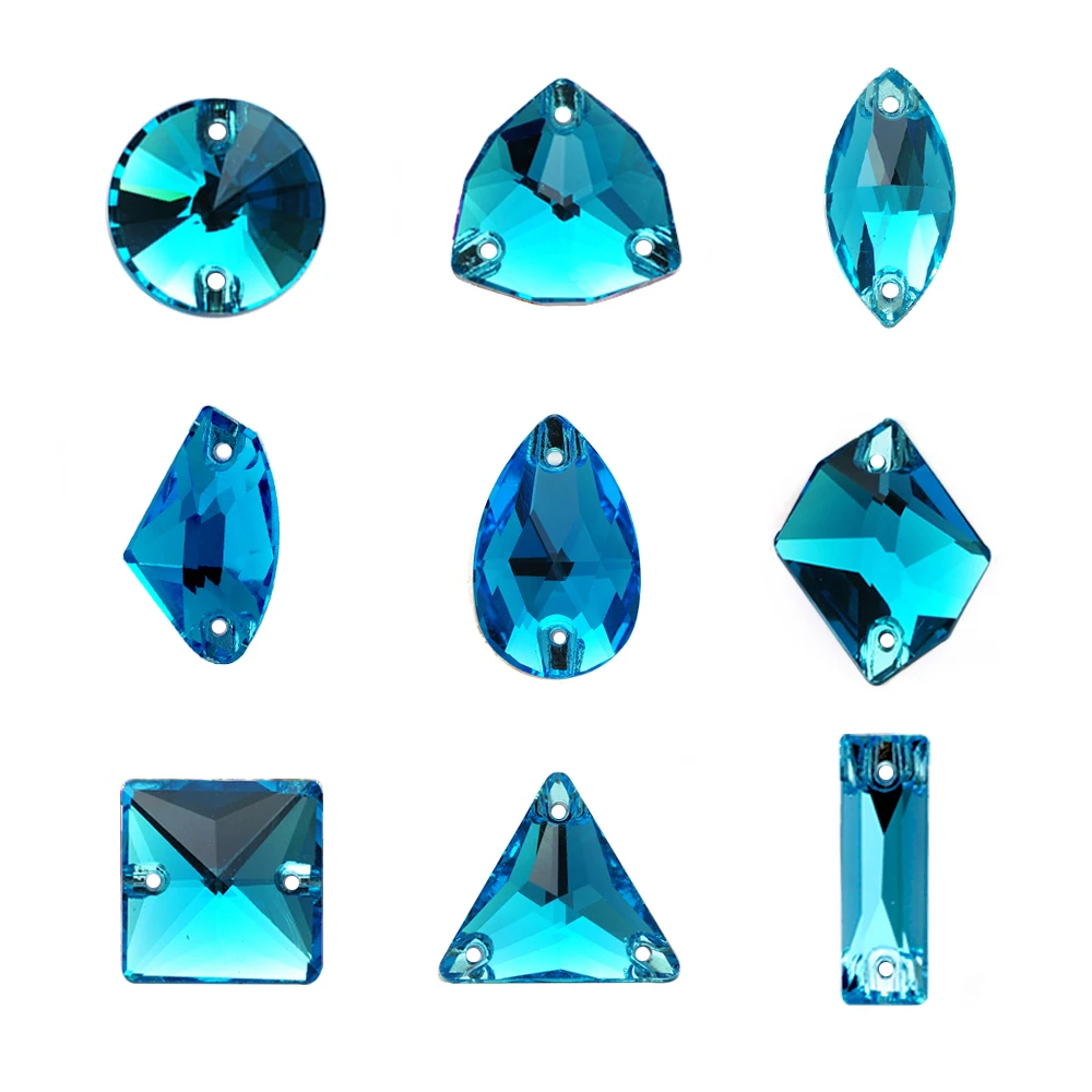 Pubrilex Aquamarine All Shapes Sew On Rhinestones Chamfered Crystal Beads Sewing Accessories for Garment Jewelry Decorations