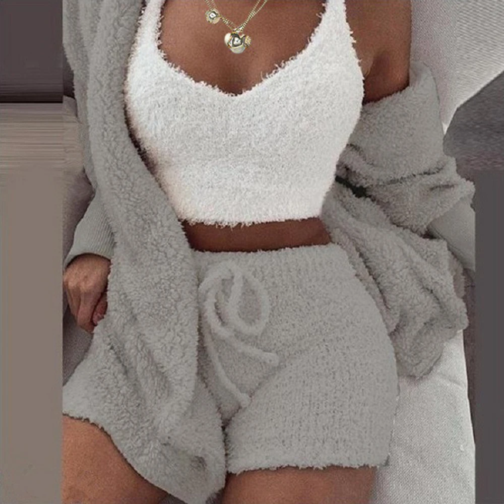 Women\'S Sexy Warm Plush 3 Piece Outfits Pajamas Sleeping Pants Gown Knit 3-Piece Set Soft Casual Loungewear Nightwear New 2024