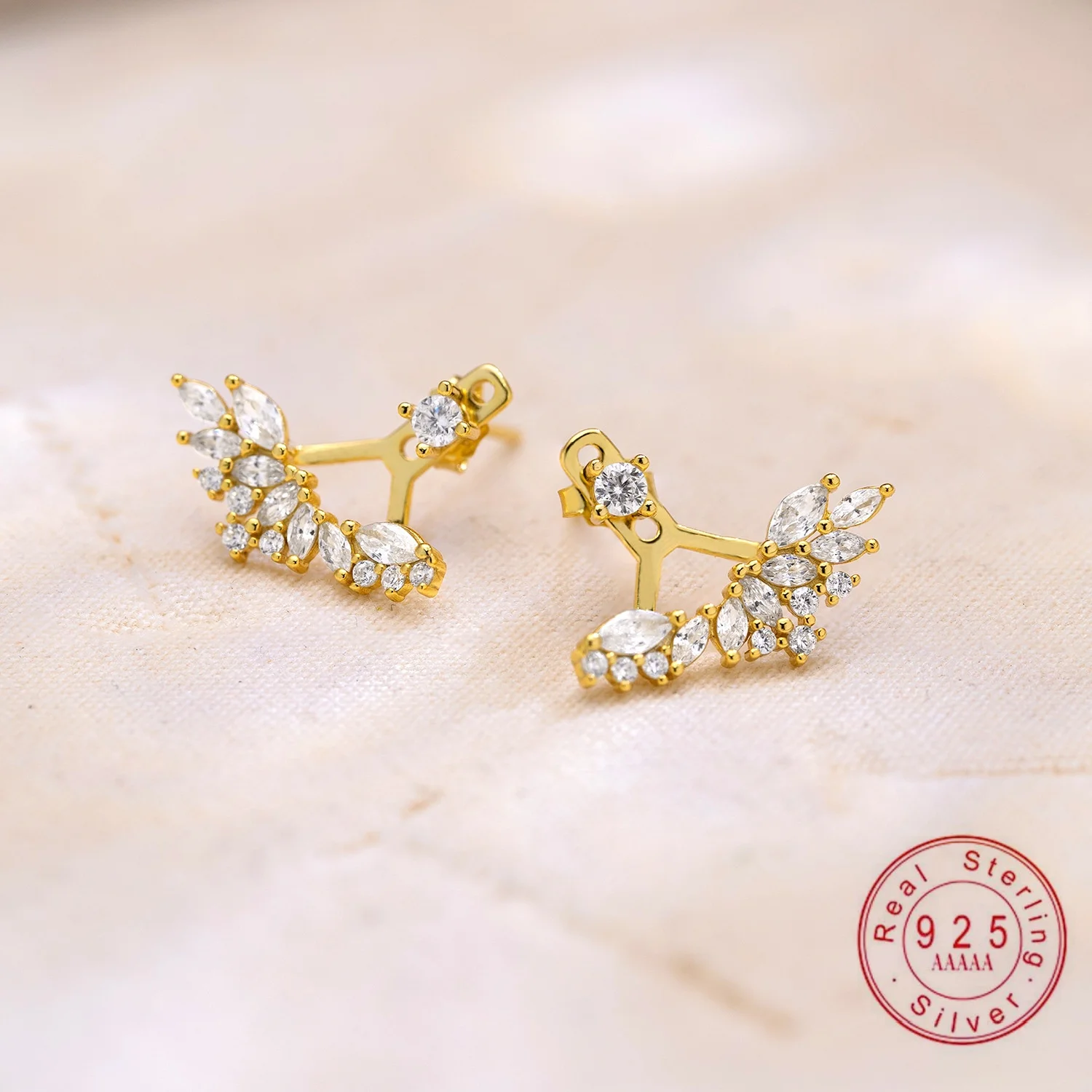 925 Sterling Silver 18K Gold Plated Marquise Cubic Zirconia Wings Stud Earrings Sparkling Wedding Party Fine Jewelry Gift