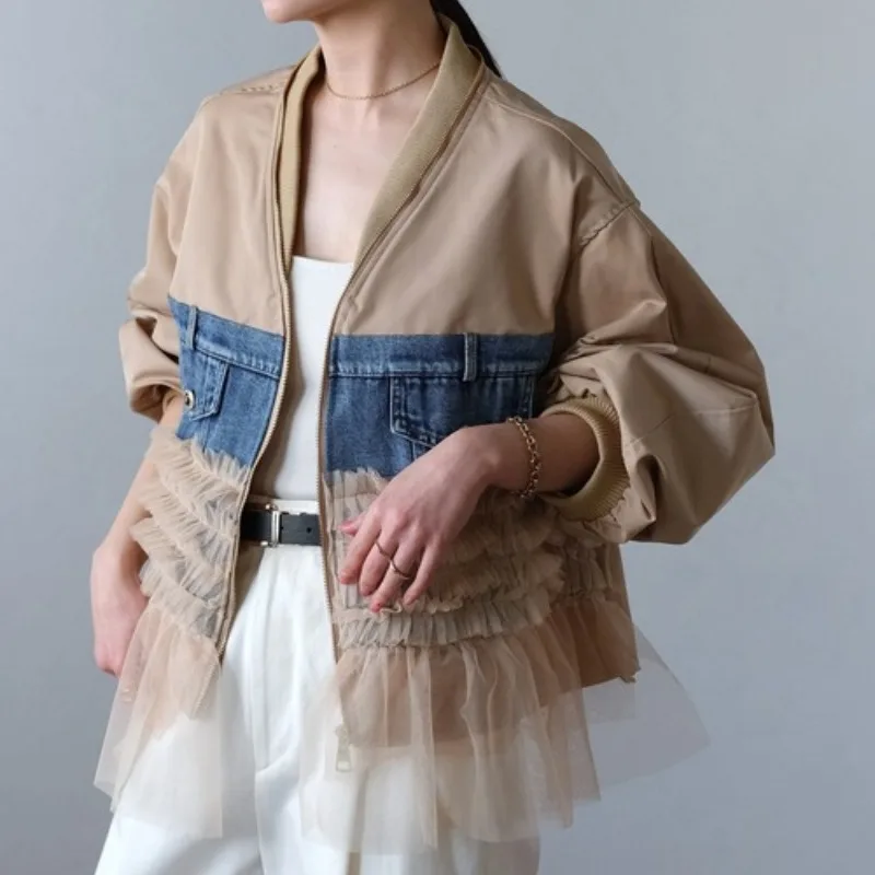 AW Mesh Spliced Short Jacket For Female Oversized Full Sleeve Coat Denim Spliced Black Cardigan Tops