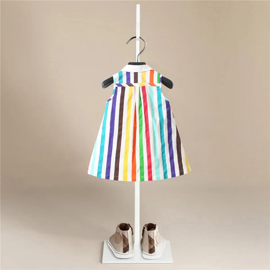 Summer Girl's Dress Polyester Shirt Rainbow Striped Color Lapel Sleeveless Lace-up A-line Knee-length Skirt Fashionable Sweet