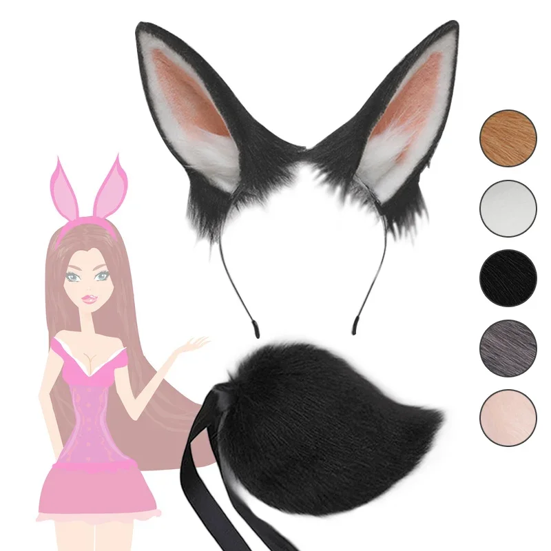 

Women's realistic furry headwear with rabbit ears, plush animal tail cosplay accessories, carnival party fantasy dress, Hallowee