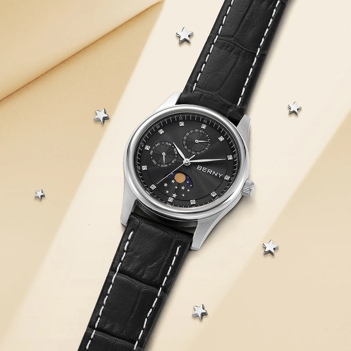 BERNY Damenuhren, Kalender, Datum, Woche, echte Mondphase, Quarz, Damenuhr, Lederarmband, elegante, lässige Damen- und Mädchen-Armbanduhr – Detail 4