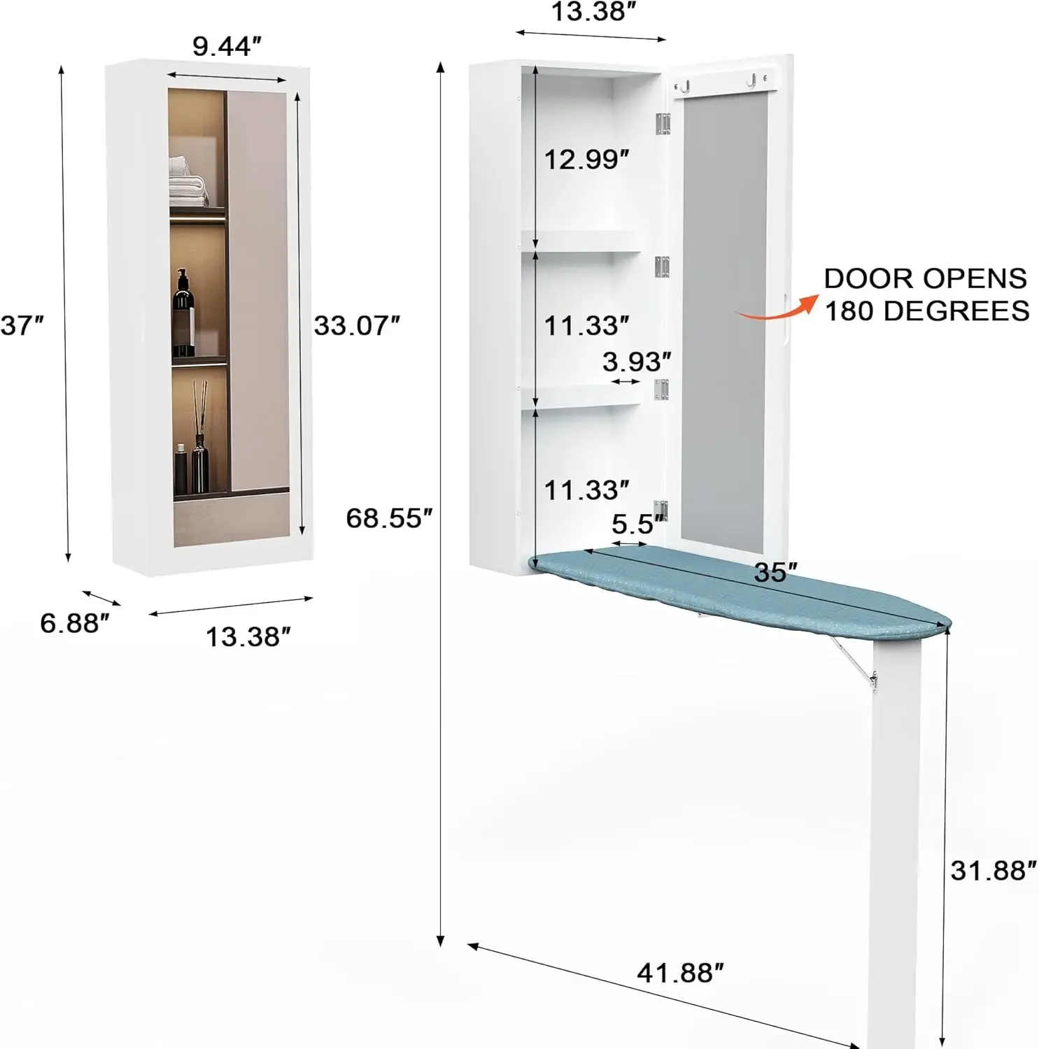 Wall Mounted Ironing Board Cabinet with Iron Storage, Built in Ironing Center, Hanging Ironing Board, Folding Leg & Mirror