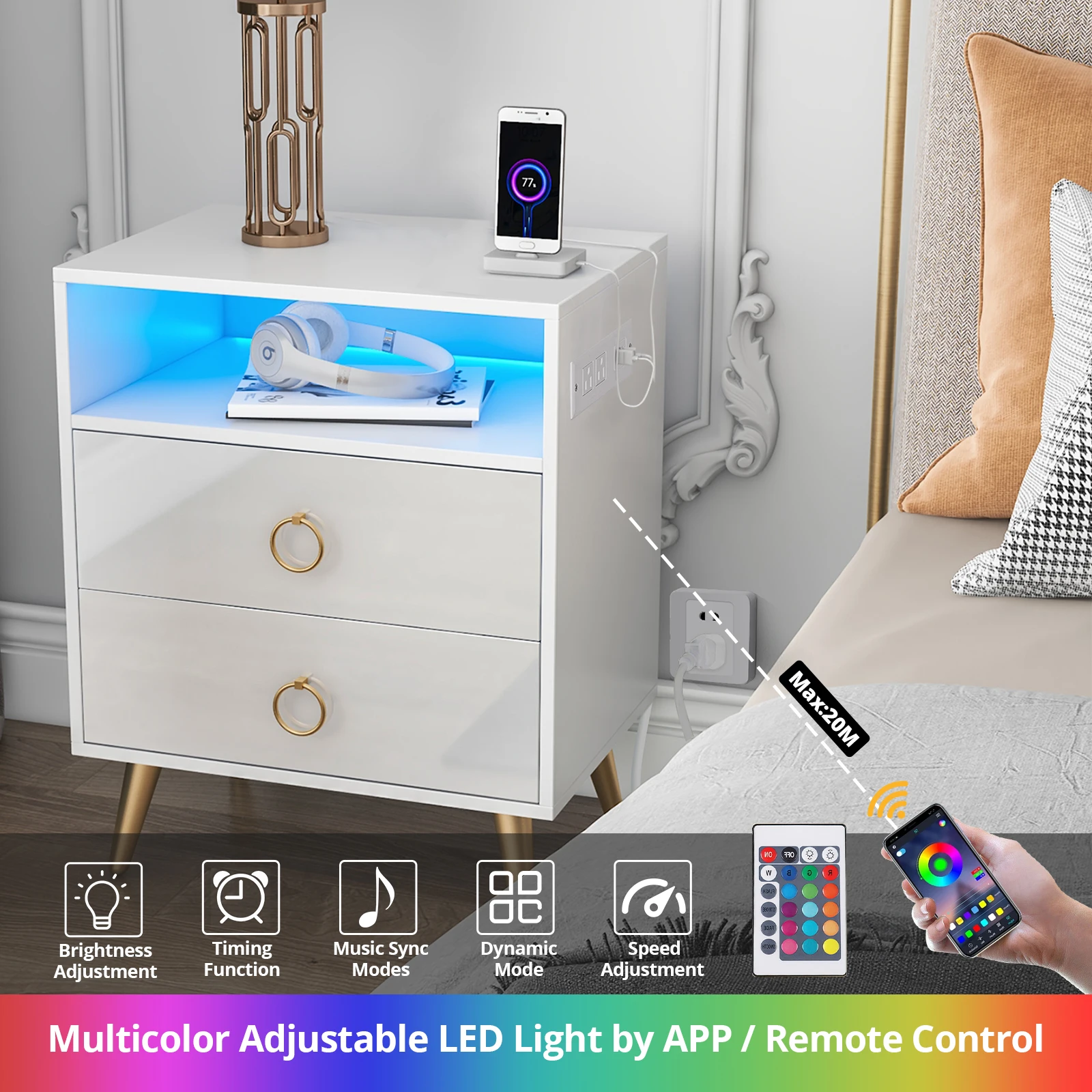 LED Nightstand with Charge Station White Night Stand Table with High Gloss Drawers Modern Design Beside Table with 16 Colors LED