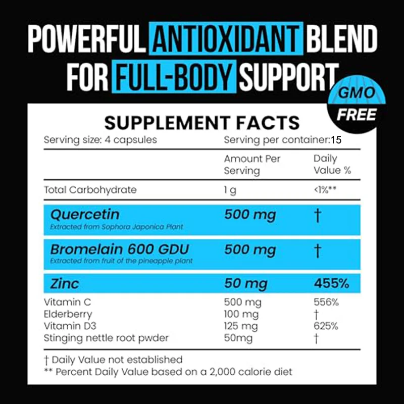 Immune Support Supplement: Quercetin, Bromelain & Zinc (1050mg) | Non-GMO Gluten-Free, 60 Vegetable Capsules