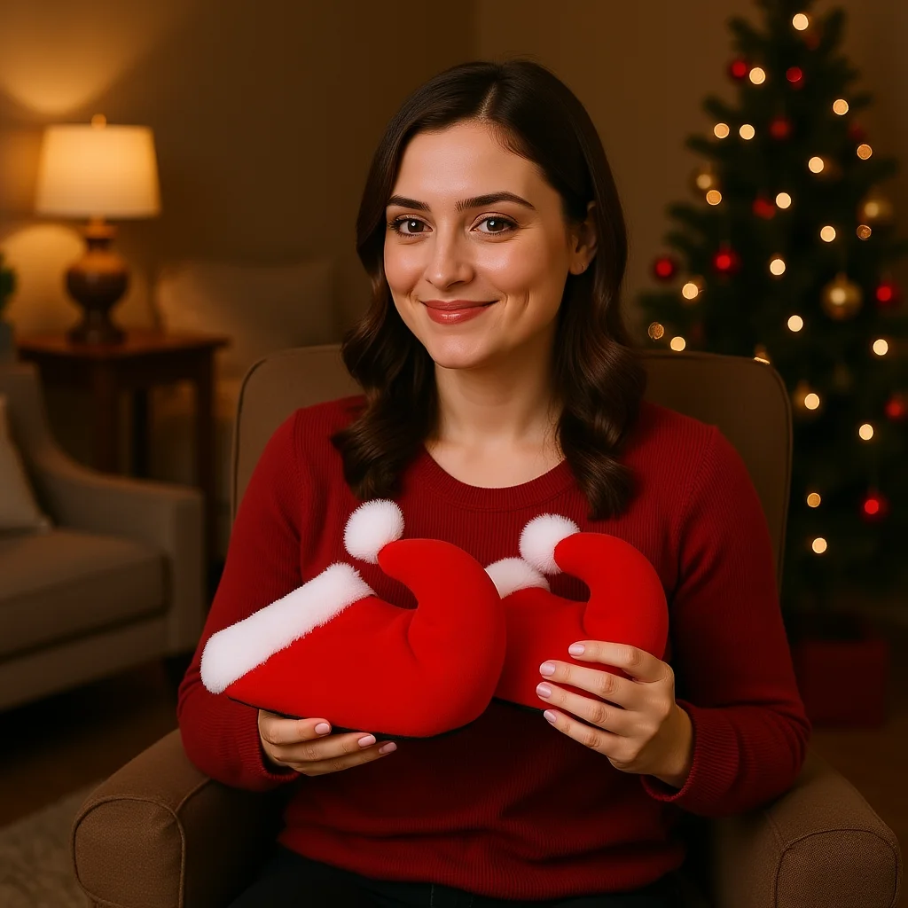 

Holiday Red Plush Cotton Slippers Santa Claus Elf Design Indoor Footwear for Winter Comfort and Christmas Party Decoration