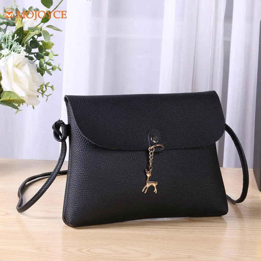 Ladies Casual Crossbody Bag PU Leather Satchel Large Capacity Shoulder Bag Women Solid Color Simple Sling Bags with Deer Pendant