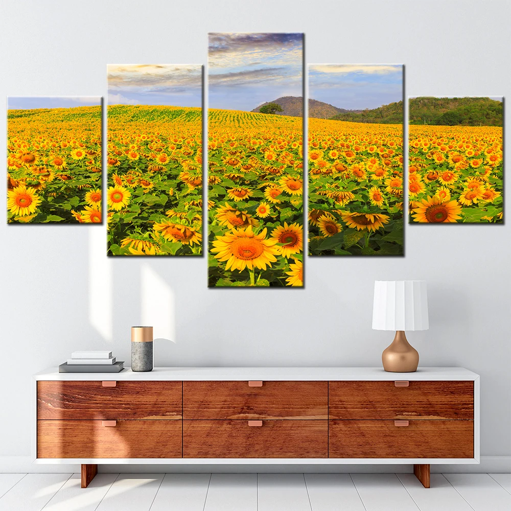 Nature 5 Panel Canvas Art Wall Decor Poster Print Sunflowers Field Landscape Painting Kawaii Room Decoration Frames for Pictures