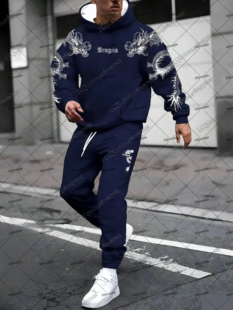 

Autumn Winter New Men Tracksuit Suits Hoodies+Long Pants Sets Dragon Pattern Streetwear Casual Suits Overszied Men Sports Outfit