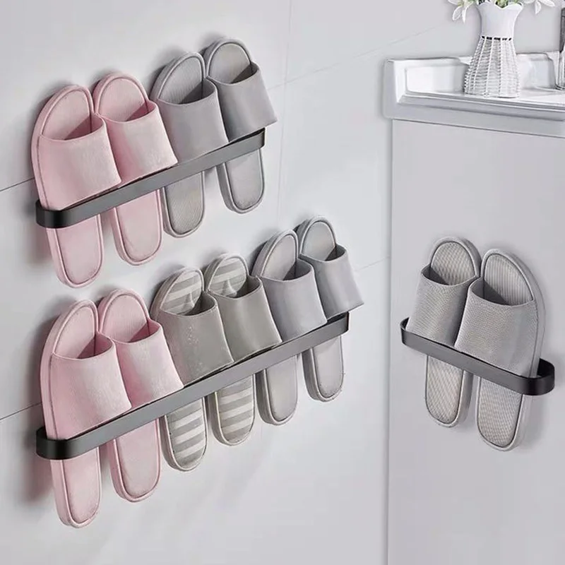 Free Punch Aluminum Slipper Rack Wall Mount Bathroom Bedroom Shoe Hanging Holder Organizer Toilet Wall Door Towel Storage Shelf