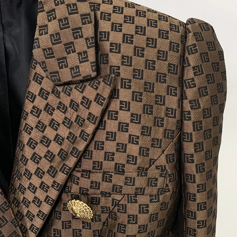 Blazer de cabeza de león para mujer, chaqueta de celebridad de doble botonadura, solapa, manga larga, jacquard, abrigo marrón Delgado