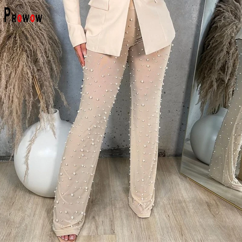 

Prowow Sexy Women Sheer Mesh Pant Elastic High Waist Embroidered Flares Bead Trousers 2023 New Fashion Summer Fall Party Wear