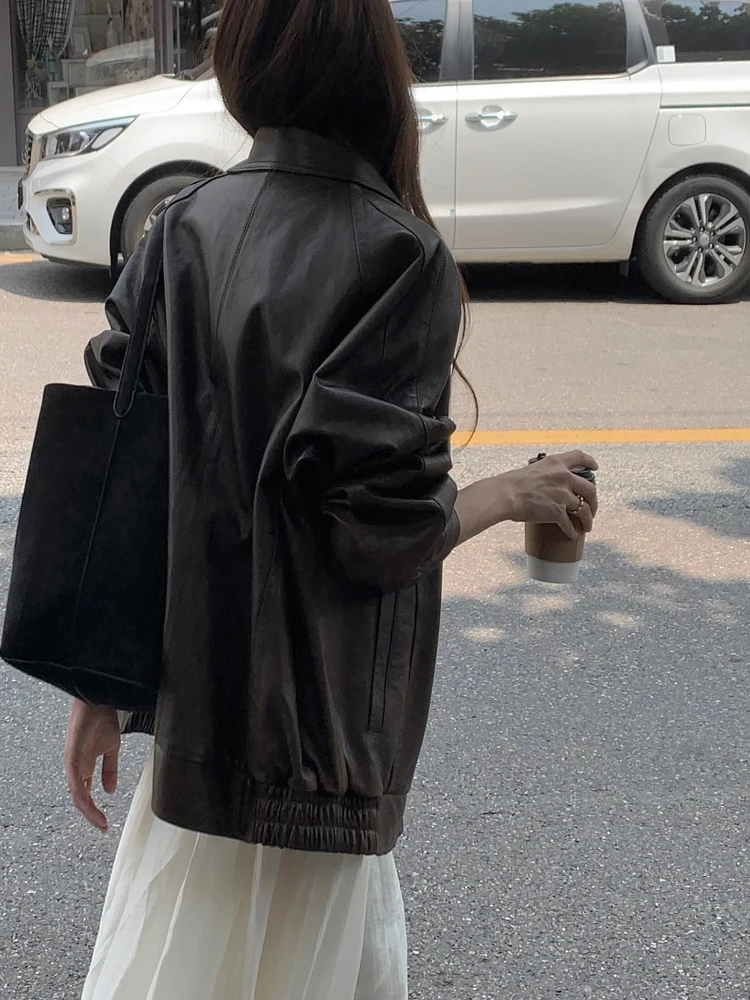 جاكيت نسائي أنيق من الجلد الصناعي بتصميم عصري، ياقة وسحاب، فضفاض ومتعدد الاستخدامات، بأسلوب الدراجات النارية العصري #5