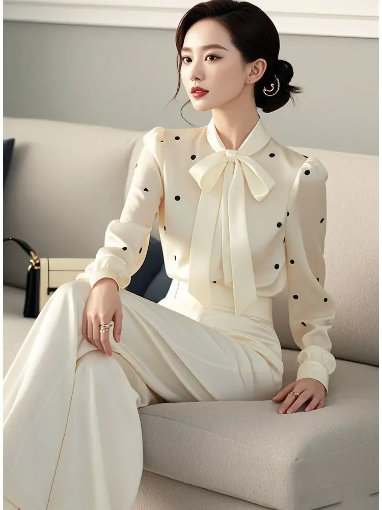 Polka Dot Bow Neck Elegant Shirts Tops Spring Autumn Long Sleeve Loose All-match Temperament Blouse Korean Fashion Women Clothes