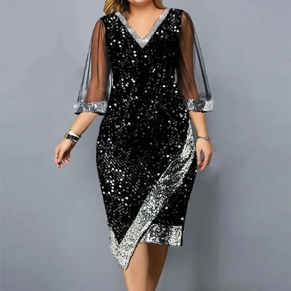 Spakly Black Sequin V Neck Mother Of The Bride Dresses  For Weddings Evening Gown Knee Length Formal Party  Dress